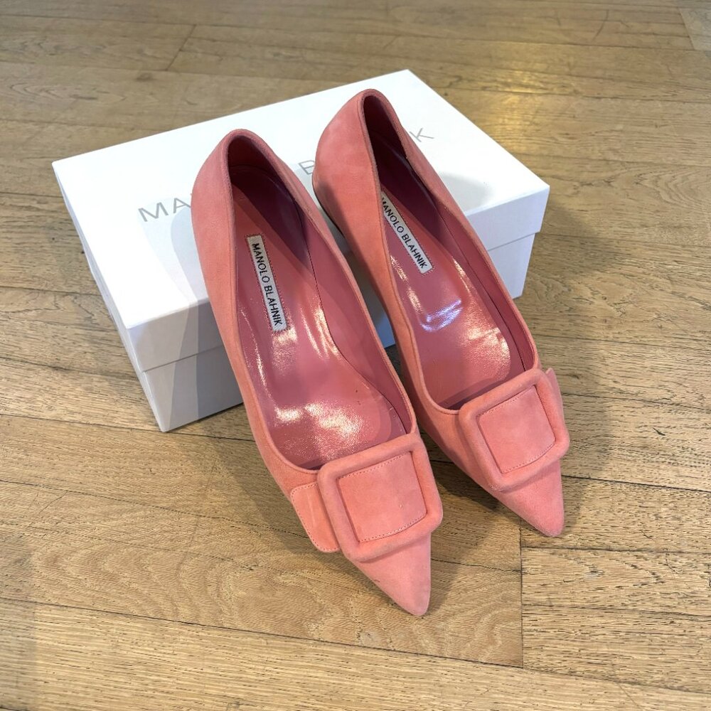 Manolo Blahnik Maysale Suede Buckle Ballerina Flats Pink